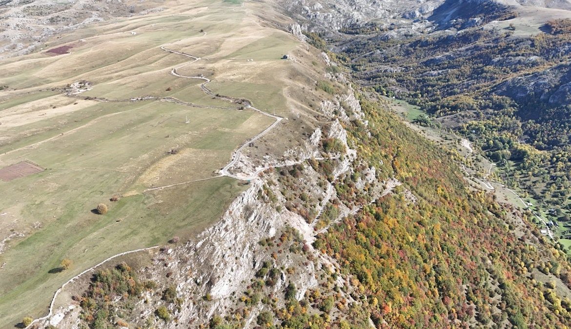 Mountain ridge with trees and grassy slopes